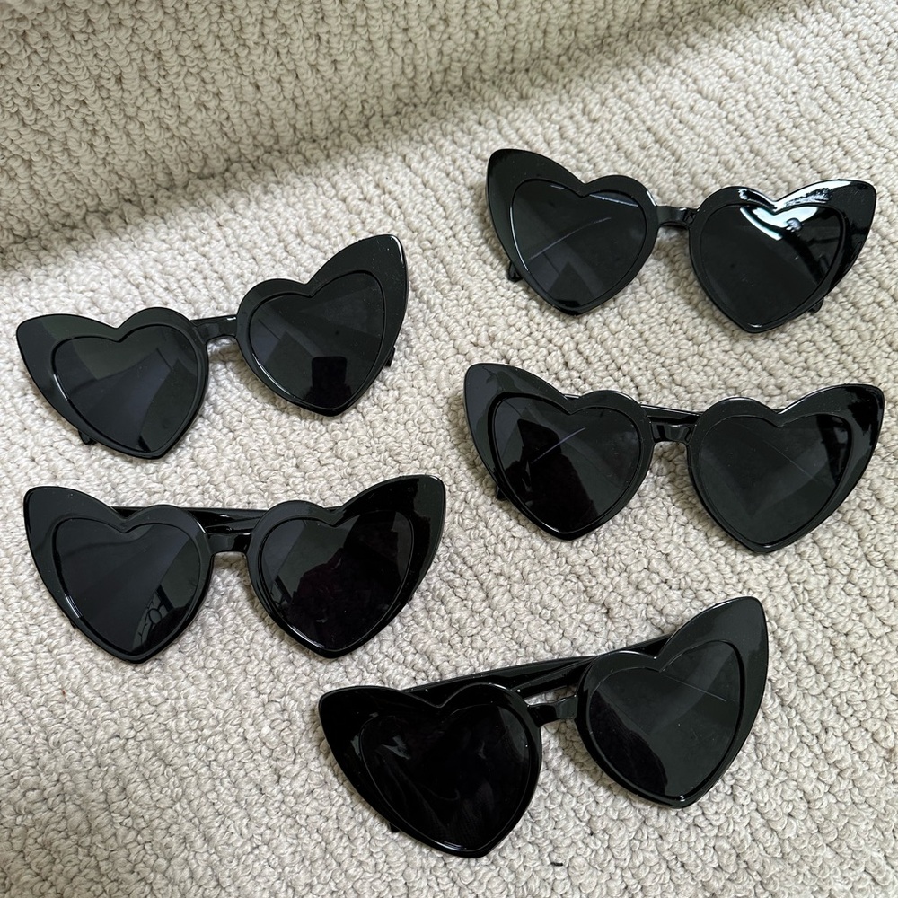 Heart-Shaped Black Sunglasses AND light pink scrunchies
